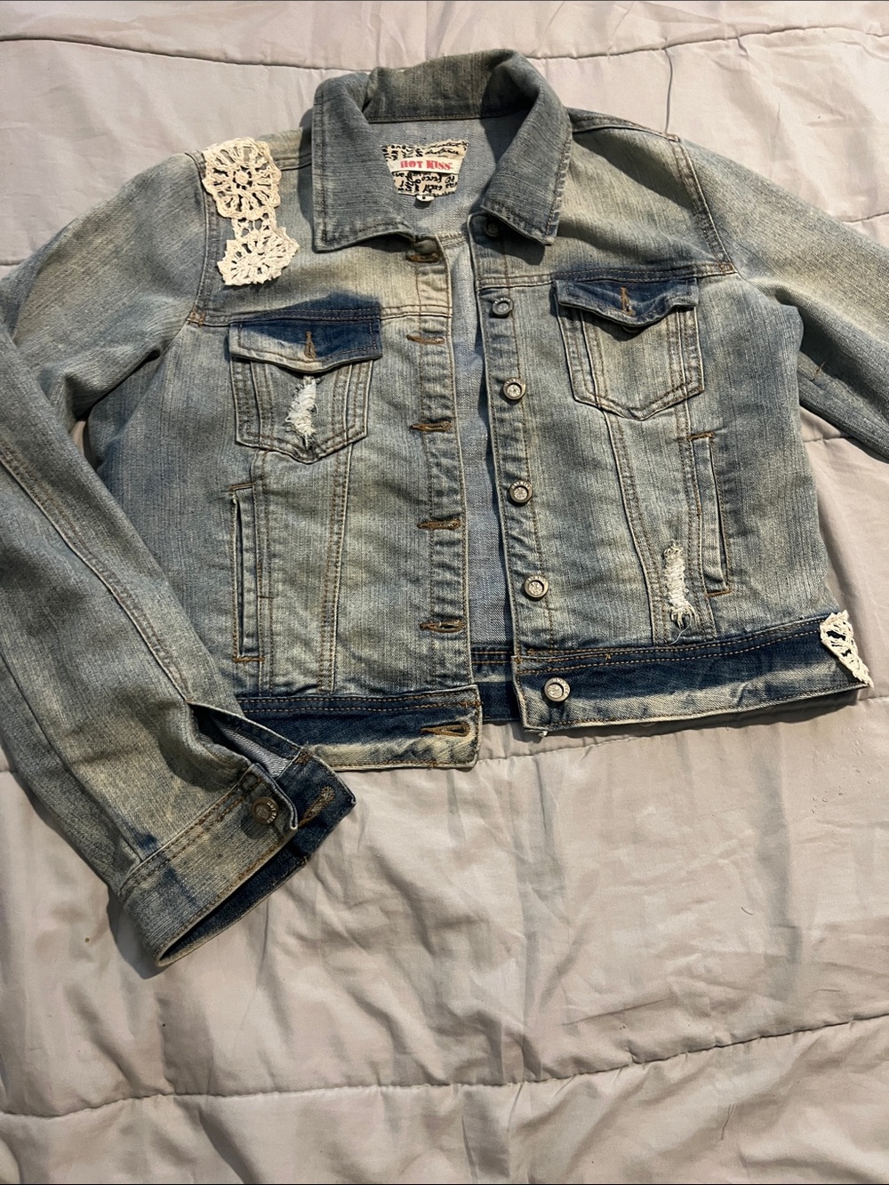 Hot Kiss Light Blue Distressed Denim Jacket with Crochet Trim